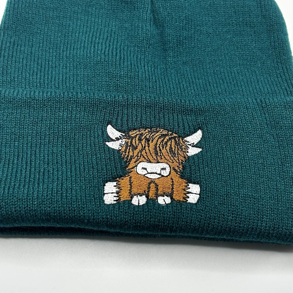 Highland Cow Cattle Cartoon Animal Beanie Hat Cap Knit Cuff Green Outdoors